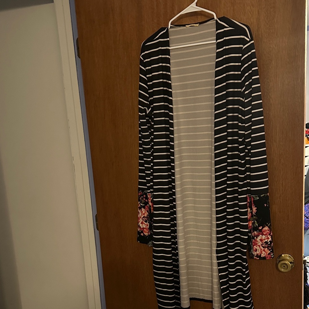 Reborn J Black and White Striped Jacket with Floral Accents